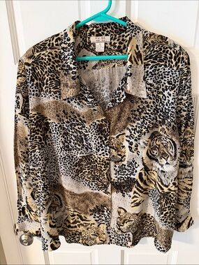 Vtg. FU DA International 100% Silk Animal Print Blouse Tiger Leopard Safari 1X